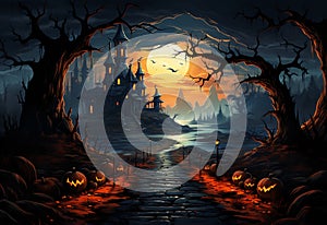 Halloween background with haunted castle and spooky trees