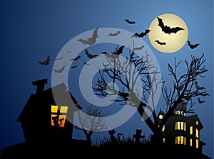 Halloween background with haunted house, bats and