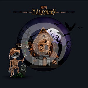 Halloween background with haunted house, bats, graveyard and Mummy vector illustration. Copy space for text
