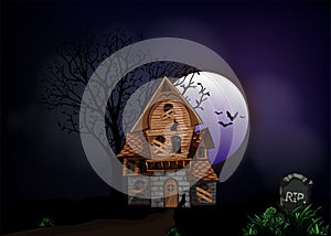 Halloween background with haunted house, bats and graveyard vector illustration. Copy space for text
