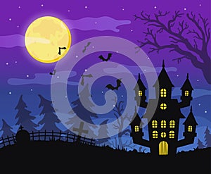Halloween background with a haunted house and a cemetery.