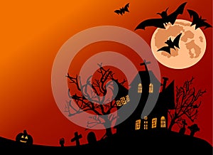 Halloween background haunted house dead tree cemetery graveyard tomb and jack o lantern decoration,bats fly and moon