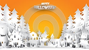 Halloween background with haunted house and fir forest in paper art carving style. banner, poster, Flyer or invitation template pa