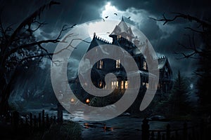 Halloween background with haunted house in the forest,3d render, A gothic horror mansion on a stormy night, AI Generated