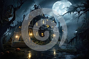 Halloween background with haunted house and full moon. 3d rendering, A gothic horror mansion on a stormy night, AI Generated