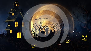 Halloween background with haunted house, ghost, bats and pumpkins, graves, at misty night spooky with fantastic big moon in sky.