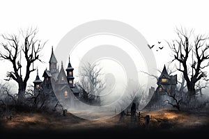 Halloween background with haunted house in misty forest Ai generative