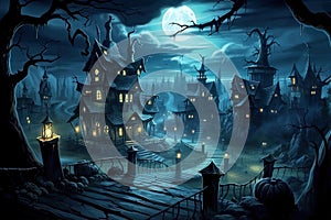 Halloween background with haunted house, moon and haunted house in the forest