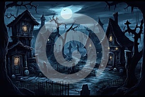 Halloween background with haunted house and moonlight, illustration for children