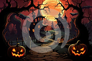 Halloween background with haunted house and pumpkins