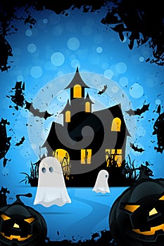 Halloween Background with Haunted House, Pumpkins and Ghosts