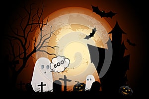 Halloween Background with Haunted House, Pumpkins and Ghosts