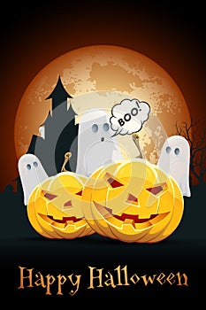 Halloween Background with Haunted House, Pumpkins and Ghosts