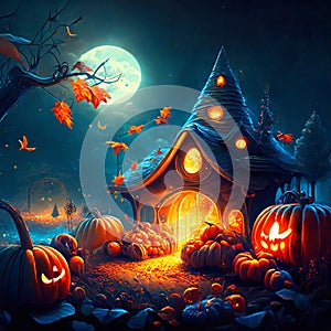 Halloween background with haunted house, pumpkins and moon. 3d rendering AI generated