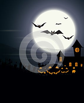 Halloween Background with haunted house and scary pumpkins