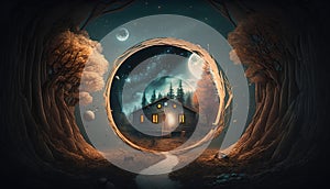 Halloween background with haunted house, trees, moon and flying bats