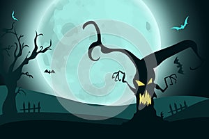Halloween background with horror scary tree on landscape in moonlight.