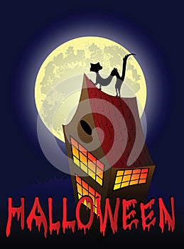 Halloween background with house, cat and the moon