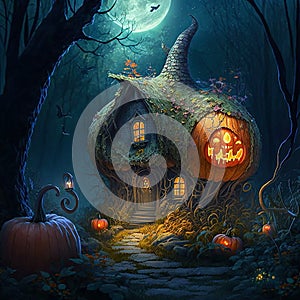 Halloween Background. Huge pumpkin house in magical forest at night. Use of artificial intelligence