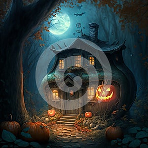 Halloween Background. Huge pumpkin house in magical forest at night. Use of artificial intelligence