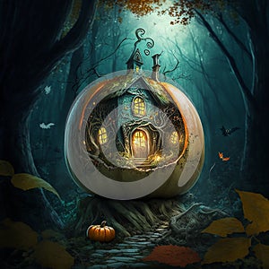 Halloween Background. Huge pumpkin house in magical forest at night. Use of artificial intelligence