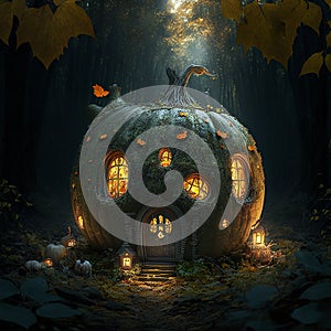 Halloween Background. Huge pumpkin house in magical forest at night. Use of artificial intelligence