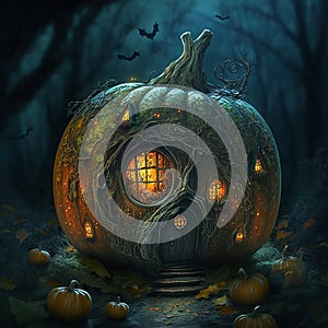 Halloween Background. Huge pumpkin house in magical forest at night. Use of artificial intelligence