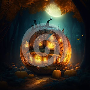 Halloween Background. Huge pumpkin house in magical forest at night. Use of artificial intelligence