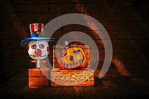 Halloween background idea, funny bozo ghost with smiling pumpkin in treasure box