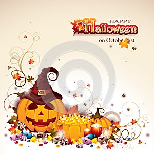 Halloween Background with Jack O`Lantern and Pumpkins