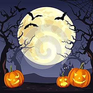 Halloween background with Jack-Oâ€™-Lanterns, the Moon, bats and trees. Vector illustration.