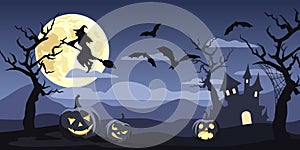 Halloween background with Jack-Oâ€™-Lanterns, the Moon, bats and trees. Vector illustration.