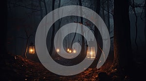 Halloween Background with Lanterns in Dark Forest in Spooky Night. Halloween Design in Magical Forest