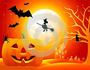 Halloween Background - Midnight scene witches on a broomstick, pumpkins