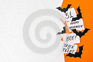 Halloween background, mockup. Card with text HAPPY HALLOWEEN, BO