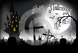 Halloween background night with in graveyard and scary house on the full moon