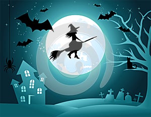 Halloween Background - Night scene witches on a broomstick