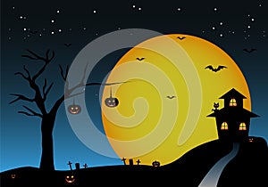 Halloween background with night tree bats pumpkins house