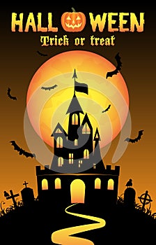 Halloween background with old castle in graveyard