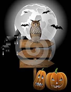 Halloween background with owl, pumpkins, wooden sign, haunted house and full moon
