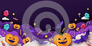 Halloween background for party invitation, greeting card, web banner or Sales with candies, cutest pumpkins, bats and ghosts photo