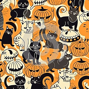 Halloween background with a pattern of kittens and pumpkins in a vintage style. Generative AI