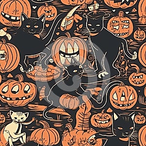 Halloween background with a pattern of kittens and pumpkins in a vintage style. Generative AI