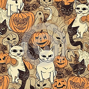 Halloween background with a pattern of kittens and pumpkins in a vintage style. Generative AI