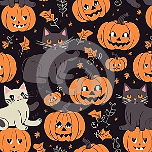 Halloween background with a pattern of kittens and pumpkins in a vintage style. Generative AI