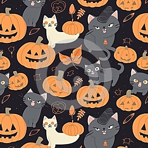 Halloween background with a pattern of kittens and pumpkins in a vintage style. Generative AI