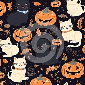 Halloween background with a pattern of kittens and pumpkins in a vintage style. Generative AI