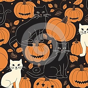 Halloween background with a pattern of kittens and pumpkins in a vintage style. Generative AI