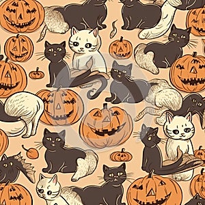 Halloween background with a pattern of kittens and pumpkins in a vintage style. Generative AI