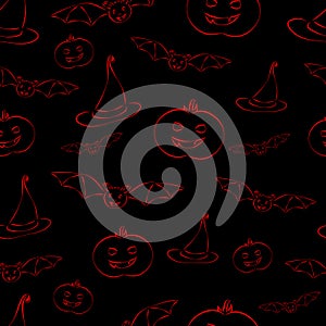 Halloween background pattern with pumpkin, bat and witch hat doodles. Red and black color. Vector
